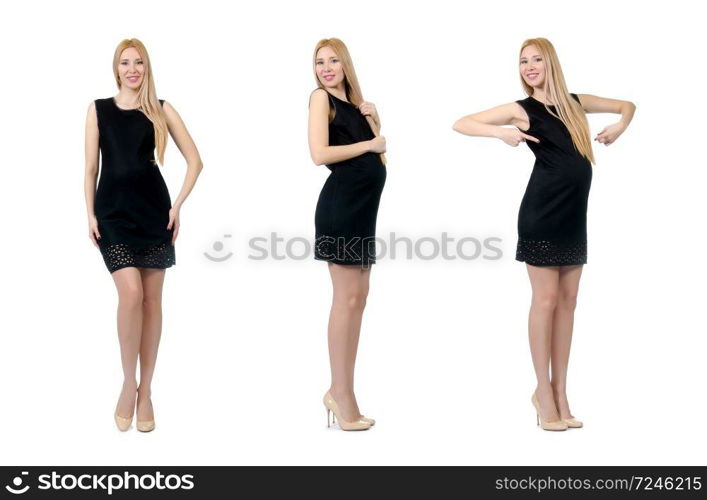 Pretty pregnant woman in mini black dress isolated on white. The pretty pregnant woman in mini black dress isolated on white