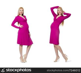 Pretty pregnant woman in pink dress isolated on white