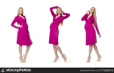 Pretty pregnant woman in pink dress isolated on white