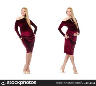 Pretty pregnant woman in red dress isolated on white