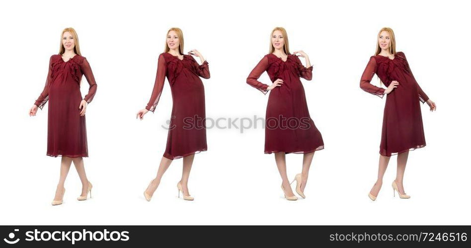 Pretty pregnant woman in red dress isolated on white. The pretty pregnant woman in red dress isolated on white