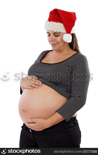 Pretty pregnant woman with Santa Claus hat