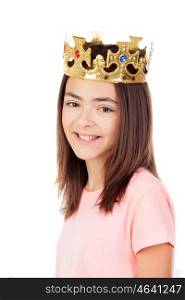 Pretty preteen girl with a crown isolated on a white background