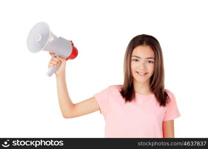 Pretty preteenager girl with a megaphone isolated on a white background