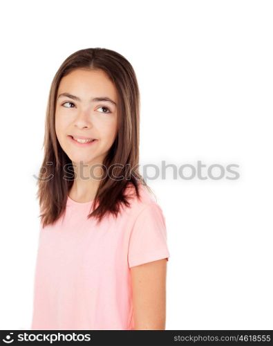 Pretty preteenager girl with glasses pink t-shirt isolated on a white background