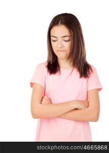 Pretty preteenager girl with glasses pink t-shirt isolated on a white background