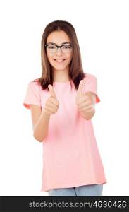 Pretty preteenager girl with glasses saying Ok isolated on a white background