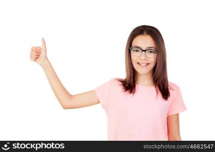 Pretty preteenager girl with glasses saying Ok isolated on a white background