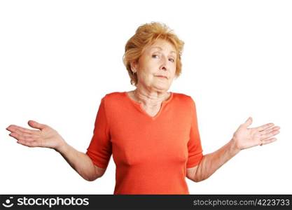 Pretty red haired senior lady shrugging and throwing up her hands in confusion. Isolated on white.