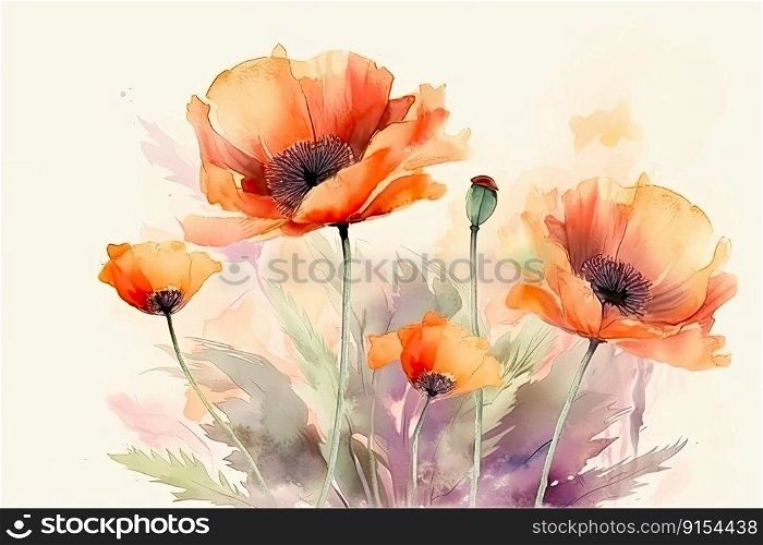 Pretty red watercolor poppies. Spring concept by generative AI