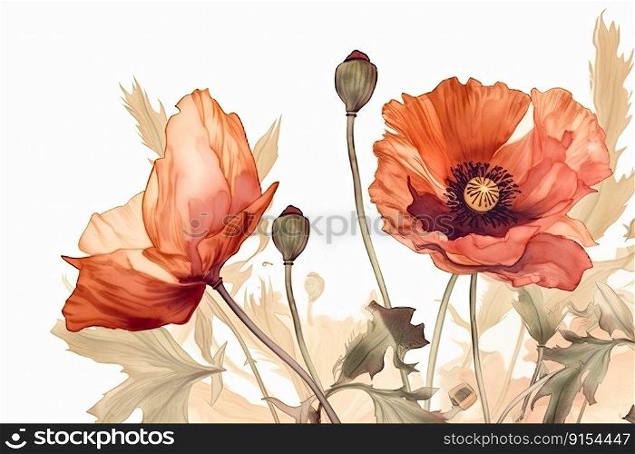 Pretty red watercolor poppies. Spring concept by generative AI