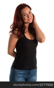 Pretty redheaded woman in a black tank top