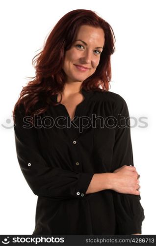 Pretty redheaded woman in a purple blouse