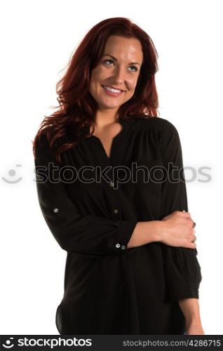 Pretty redheaded woman in a purple blouse