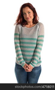 Pretty redheaded woman in a striped sweater