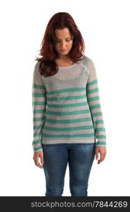 Pretty redheaded woman in a striped sweater