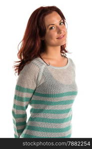 Pretty redheaded woman in a striped sweater