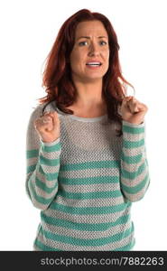 Pretty redheaded woman in a striped sweater