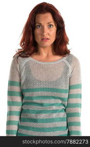 Pretty redheaded woman in a striped sweater