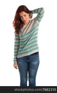 Pretty redheaded woman in a striped sweater