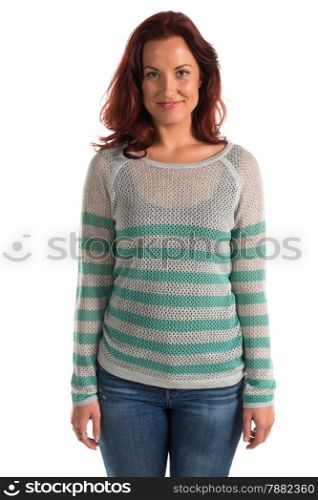 Pretty redheaded woman in a striped sweater