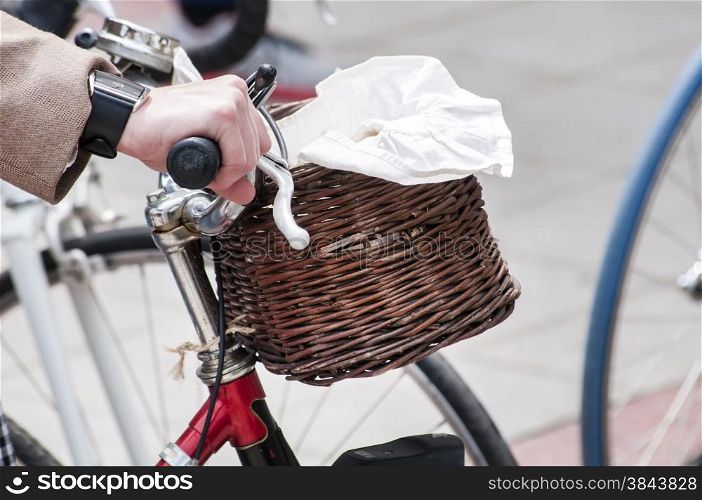 Pretty retro front wicker bicycle basket closeup