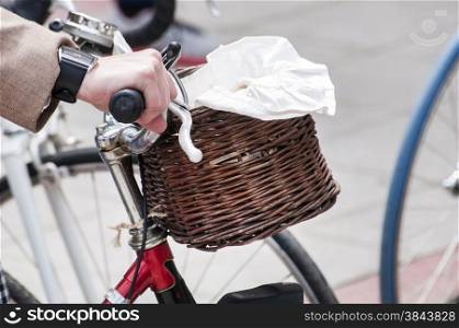 Pretty retro front wicker bicycle basket closeup
