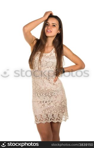 Pretty Romanian brunette in a cream lace dress