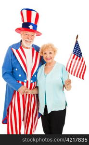 Pretty senior woman meets American icon Uncle Sam. Isolated.