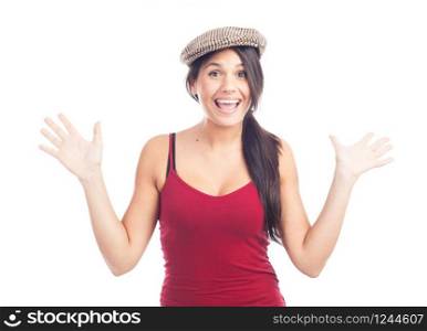 pretty smiling and cheerful brunette woman with french cap and red tank top