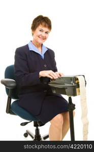 Pretty, smiling court reporter with stenography machine. Isolated on white background.