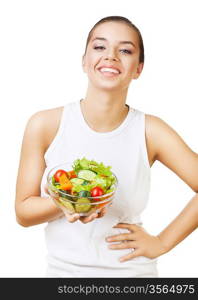 pretty smiling girl with salad in hand on white background