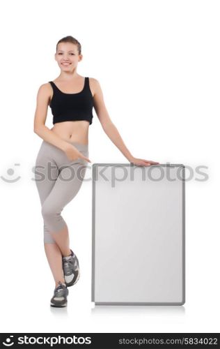 Pretty sportswoman with blank board isolated on white