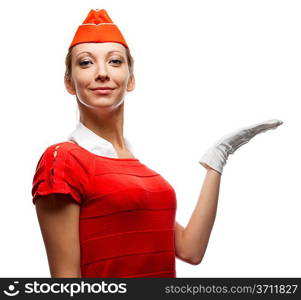 Pretty stewardess isolated over white