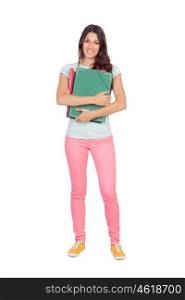 Pretty student girl with pink pants isolated on white