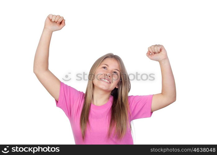 Pretty teen girl celebrating something isolated on white background