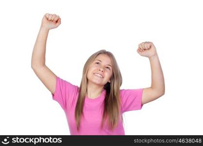 Pretty teen girl celebrating something isolated on white background