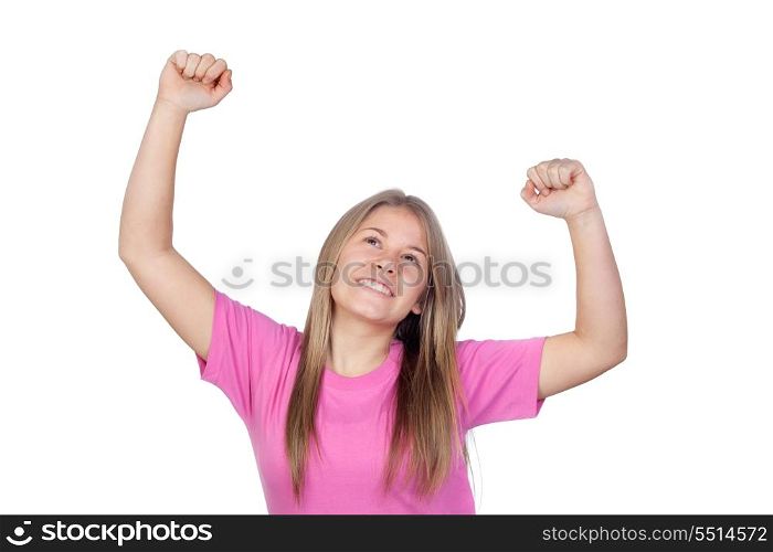Pretty teen girl celebrating something isolated on white background