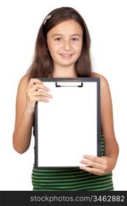 Pretty teen girl with clipboard isolated over white background