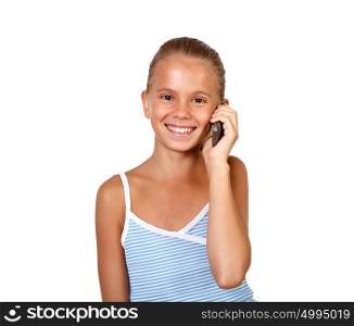 Pretty teenage girl with mobile phone in studio