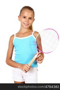 Pretty teenage girl with racket in studio on white background
