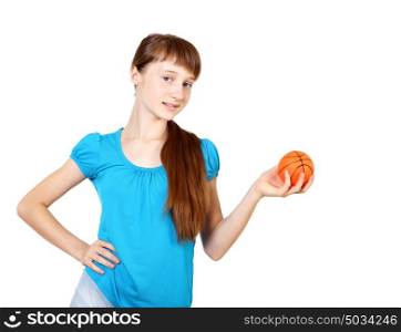 Pretty teenage girl with racket in studio on white background