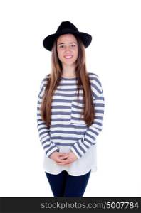Pretty teenager girl with black hat posing at studio. Isolated over white background.