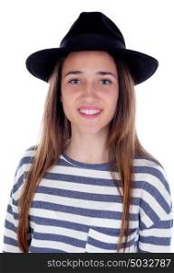 Pretty teenager girl with black hat posing at studio. Isolated over white background.