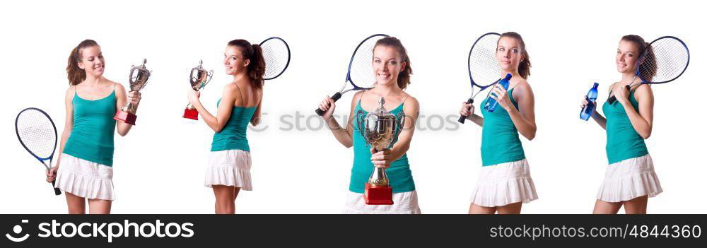 Pretty tennis player with cup isolated on white