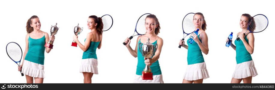 Pretty tennis player with cup isolated on white