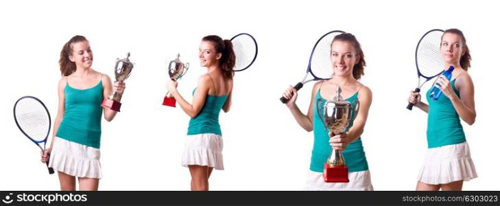 Pretty tennis player with cup isolated on white