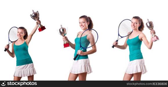 Pretty tennis player with cup isolated on white
