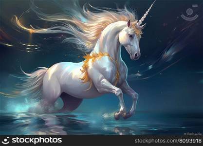 Pretty unicorn standing in water ,magical fantasy created by generative AI 