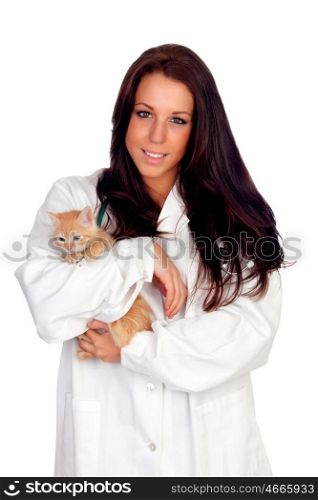 Pretty vet with a cute kitten isolated on white background